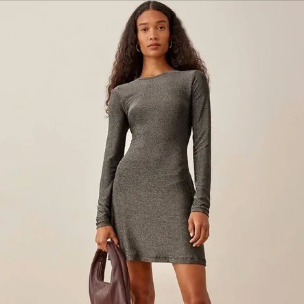 Reformation Riley Dress Silver Sparkle Long Sleeve Mini Skater Medium